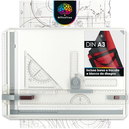 OfficeTree Tavola disegno tecnico - Geo Board 37 x 50 cm – 7 pezzi per un lavoro preciso – Squadre da disegno tecnico professionali - Borsa da trasporto e numerosi accessori - Lavagna da disegno