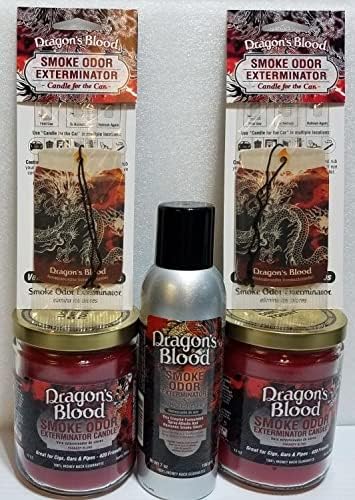 Smoke odor Exterminator Dragon's Blood, Includes Two 13 oz Jar Candle One 7 oz Spray & Two Car Hangers All in One Bundle