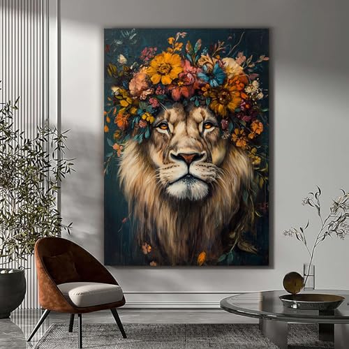 Tableau lion abstrait multicolore avec fleurs 40x60cm encadré - 2