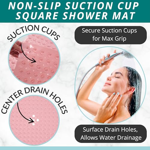 Image of ENKOSI Square Shower Mat - 21 x 21 Inch Non-Slip Mat with Suction Cups and Drain Holes - Anti-Slip Square Bathroom Bathtub Shower Mats for Inside Shower (21x21 Baby Pink)