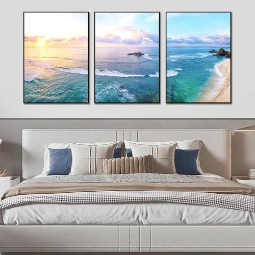 Lienzos de paisajes marinos con marco interno de madera de triptico 4