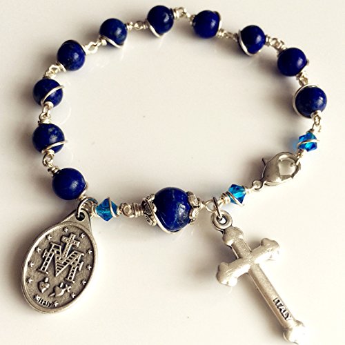 elegantmedical CATHOLIC Silver Wire Wraped Lapis lazul BEAD BRACELET ROSARY CROSS3