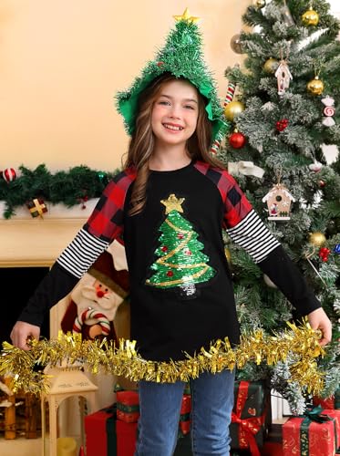 Image of BesserBay Girls Christmas Raglan Shirt Casual Leopard Stripe Patchwork Tunic Top 4-14 Years