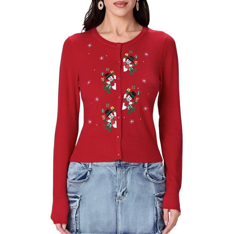 Women Christmas Cardigan Sweater Embroidery Snowman Crew Neck Long Sleeve Button Up Xmas Tree Holiday Tops