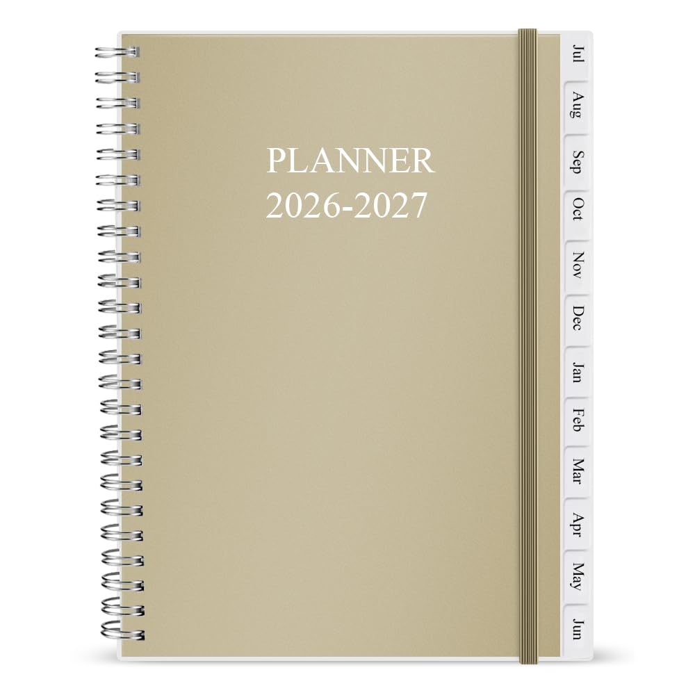 2026-2027 Diary/Planner, July 2026 - June 2027, A5 Weekly Monthly Planner with 12 Monthly Tabs, Back Pocket, Planner 2026-2027 with Elastic Closure, Flexible Cover, 14.8×21cm, Beige