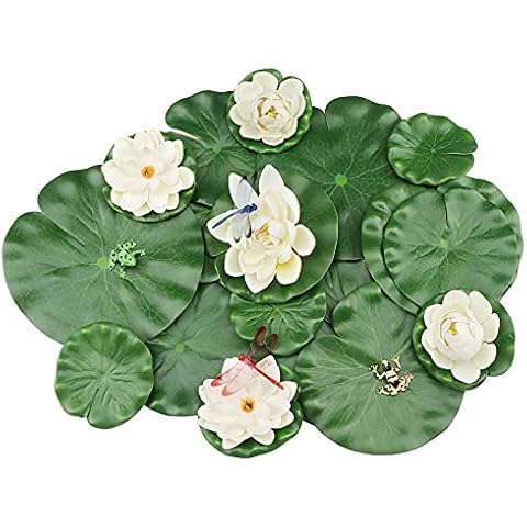 21 Pieces Lily Pads for ponds, MicButty Artificial Water Floating Lotus Flowers decor with Artificial dragonfly frog Lotus Leaves, Water Lily Pads Ornaments for Pond Pool Aquarium Water Decoration Cover