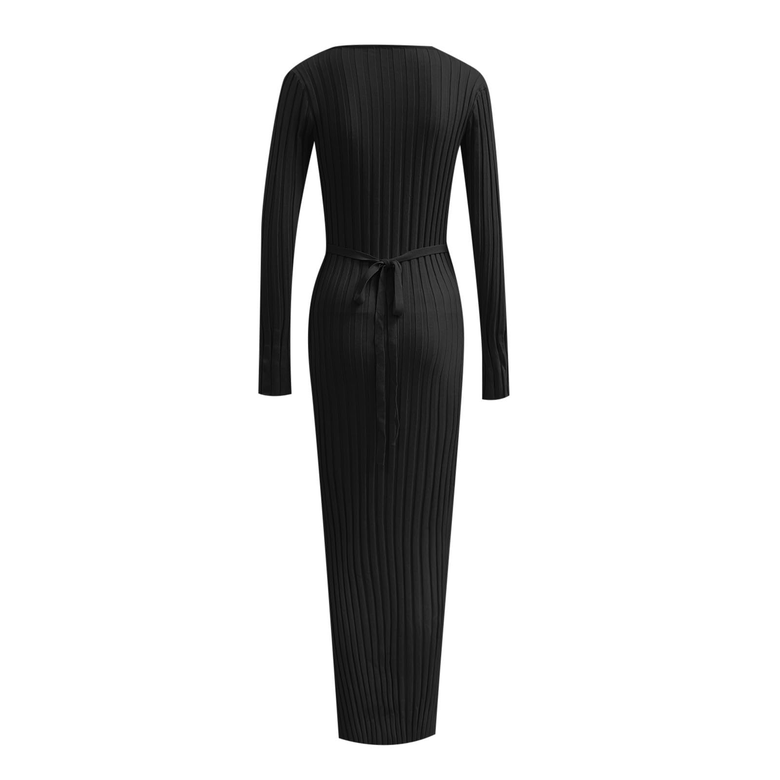 Vestido Largo Elegante De Punto con Cuello Alto Estructura Acanalada Diseño Ajustado Ropa Informal Adelgazante Ajuste En La Cintura