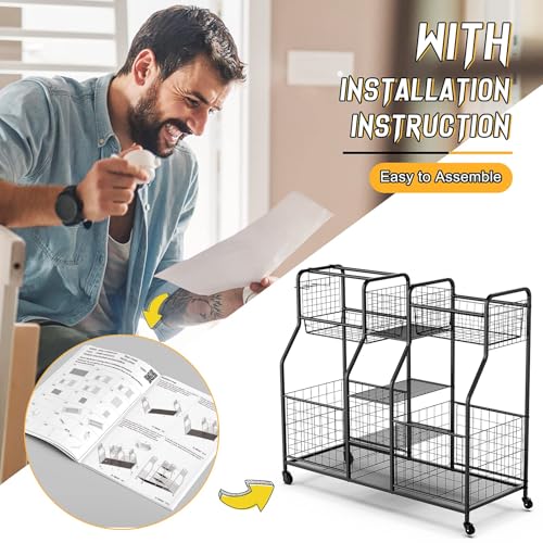 Garage Sports Equipment Organizer - Ball Storage Rack with Elastic Rope or Wire Mesh,Garage Organizer System with Wheels,Indoor/Outdoor Sports Rack for Sports Gear and Toys Storage,Black