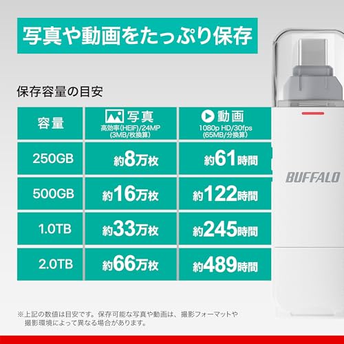 undefined 【Amazon.co.jp限定】 バッファロー SSD 外付け 1TB Type-C Type-A 両対応 USB3.2(Gen2) 読込速度 600MB/秒 【 iPhone 17 /17 pro/iPad/Android/Windows/Mac 】 バックアップ 容量不足解消 exFAT ホワイト コンパクト スティック型SSD-SD1.0U3WA/N の商品画像 9