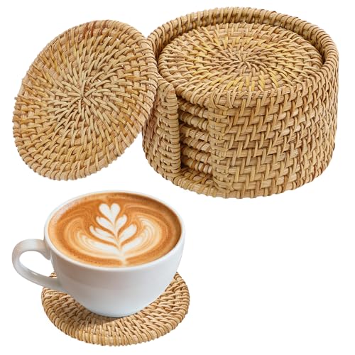 Image of 8Pcs Handmade Natural Rattan Coasters Set with Holder, Boho Coastal Decor | Farmhouse Aesthetic Drink Coasters, Home Kitchen Beach Decor, Housewarming Gifts