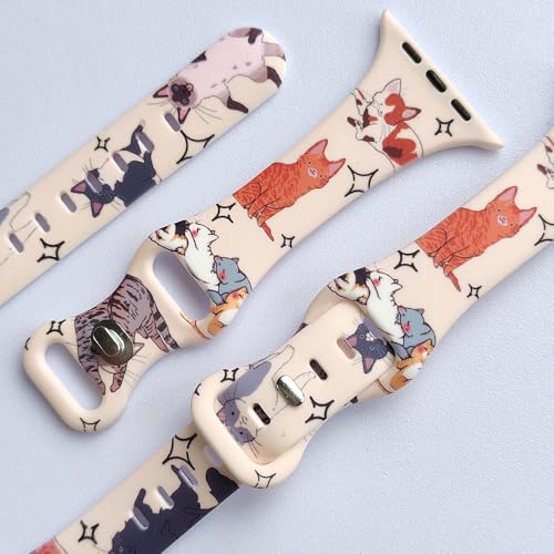 Image of Slim Cute Cartoon Band Printed Compatible with Apple Watch Bands 49mm 46mm 45mm 44mm 42mm 41mm 40mm 38mm Women, Silicone Adorable Printed Fadeless Pattern Design Strap for iWatch Series 11 10 9 8 7 6 5 4 3 2 1SE Cat
