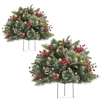 HiBean Outdoor Christmas Tree Frosted Urn Filler 2 Set with 50 Lights, Battery Operated Pre-lit Artificial Flocked Xmas Tree with Cones & Red Berries, Small Christmas Tree for Porch & Yard (White)