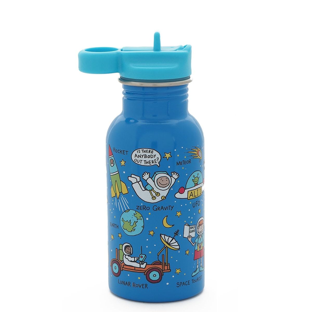 Tyrrell Katz Kids Space Printed Drinking Bottle in Blue with Straw - Stainless Steel Dishwasher Safe Children's School Water Flask - 400 ml