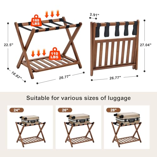 Fully Assembled Luggage Rack, Walnut Luggage Rack for Guest Room, Bamboo Folding Suitcase Stand with Storage Shelf, 5 Nylon Straps, Heavy Duty Luggage Holder for Bedroom Hotel, 1 Pack