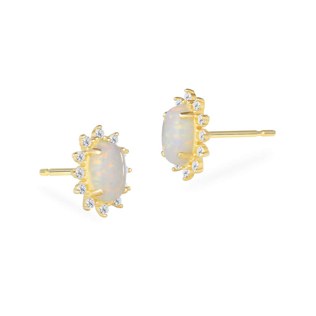 SOLIDGOLD14K Real Gold Created Opal CZ Accent Flower Style Oval Stud Earrings