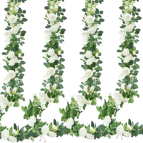 Sggvecsy 4Pcs 31Ft Artificial Rose Vine Fake Flower Garland Floral Garland Faux Silk Hanging Vine Rose Ivy Vines for Wedding Arch Party Wall Garden Ceremony Background Outdoor Decor (White)
