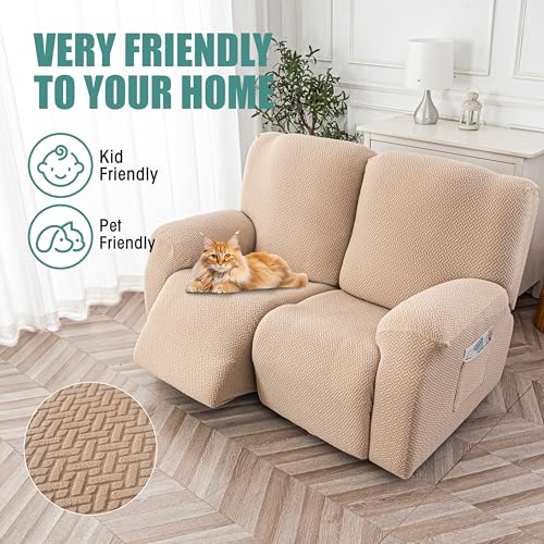 Image of Genina Recliner Loveseat Cover Stretch Couch Covers Sofa slipcover for 2 Seat Reclining Couch Thick Jacquard Furniture Protector (Khaki)