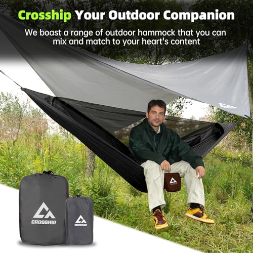 Image of Camping Hammock with Mosquito Net and Rain Fly Tarp - 2 Person Hammock Tent, Portable Parachute Nylon Hammock for Outdoor, Hiking, Backpacking, Backyard, Travel (Hold Up to 500lbs) - Black