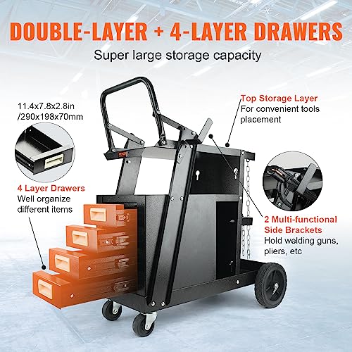 Image of VEVOR 2-Tier 4 Drawers Welding Cart, Welder Cart with 265LBS Static Weight Capacity, 360 Swivel Wheels, Tank Storage Safety Chains, Heavy Duty Rolling for Mig Welder and Plasma Cutter