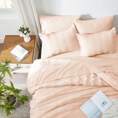 Image of Zzlpp Full Comforter Set 7 Pieces, Pink Seersucker Bed in a Bag with Comforter and Sheets, All Season Bedding Sets with 1 Comforter, 2 Pillow Shams, 2 Pillowcases, 1 Flat Sheet, 1 Fitted Sheet