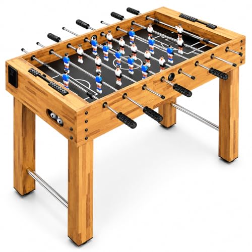 SereneLife 48in Competition Sized Foosball Table - Height Adjustable Arcade Soccer Set for Home, Game Room, Man Cave - Includes 2 Balls & 2 Fold-Out Cup Holders, Natural