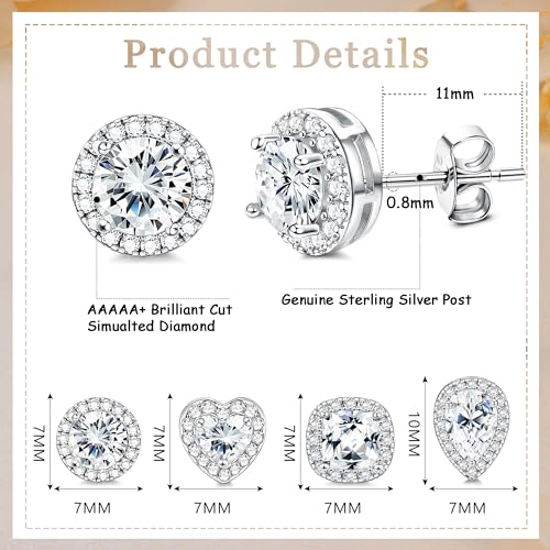 MILACOLATO Sterling Silver Cubic Zirconia Stud Earrings for Women Men | 18K White Gold Plated Hypoallergenic Long Post Birthstone Studs | Square Heart Round Teardrop Cut Simulated Diamond Halo Stud Jewelry4