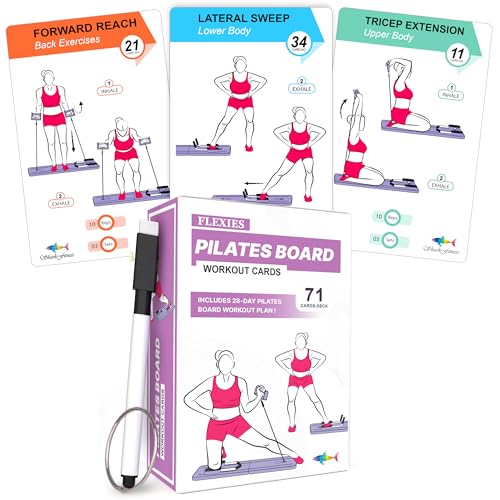Flexies Pilates Board Workout Cards – 71 Reformer Board Exercise Cards with Postures, Instructions & Breathing Tips | Free Ring & Dry-Erase Marker to Customize 28 Day Pilates Board for home Workout