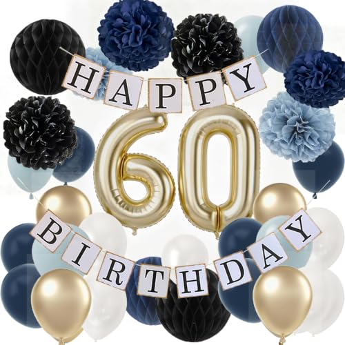 Image of 60th Birthday Decorations for Men -Black Royal Blue 60 birthday party supplies for Happy man with Fabulous Champagne Gold Balloons Tissues Pom poms Decor (Navy blue +Gold)