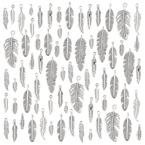 PH PandaHall 84pcs 14 Styles Breloques en Plumes Pendentifs Bijoux en Plumes, Pendentifs Antiques en Plumes D'Argent Breloques en Métal de Style Tibétain...