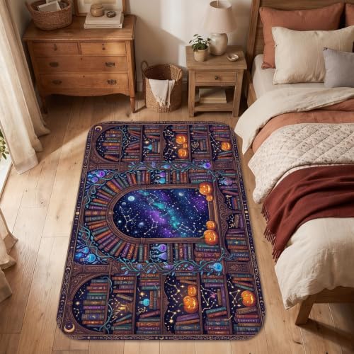 Alfombra de Halloween negra rectangular con estrellas místicas de pelo bajo para salón 6