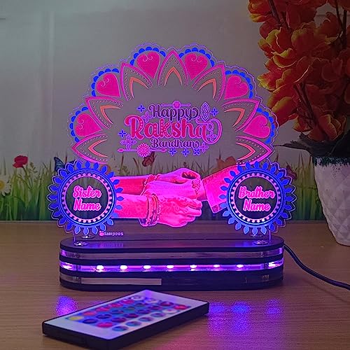 Image of lampees Personalized Raksha Bandhan 3D LED Lamp Brother Sister Name | UV Printed, Multi Colour LED, Remote Controlled, Customisable Names, Acrylic Stand