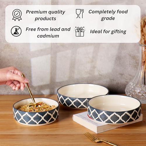 Image of Niyara Stoneware Handmade Ceramic Stylish Premium Serving Bowls /Salad Tray Microwave Dishwasher Safe (Grey Moroccan Print Set of 3)