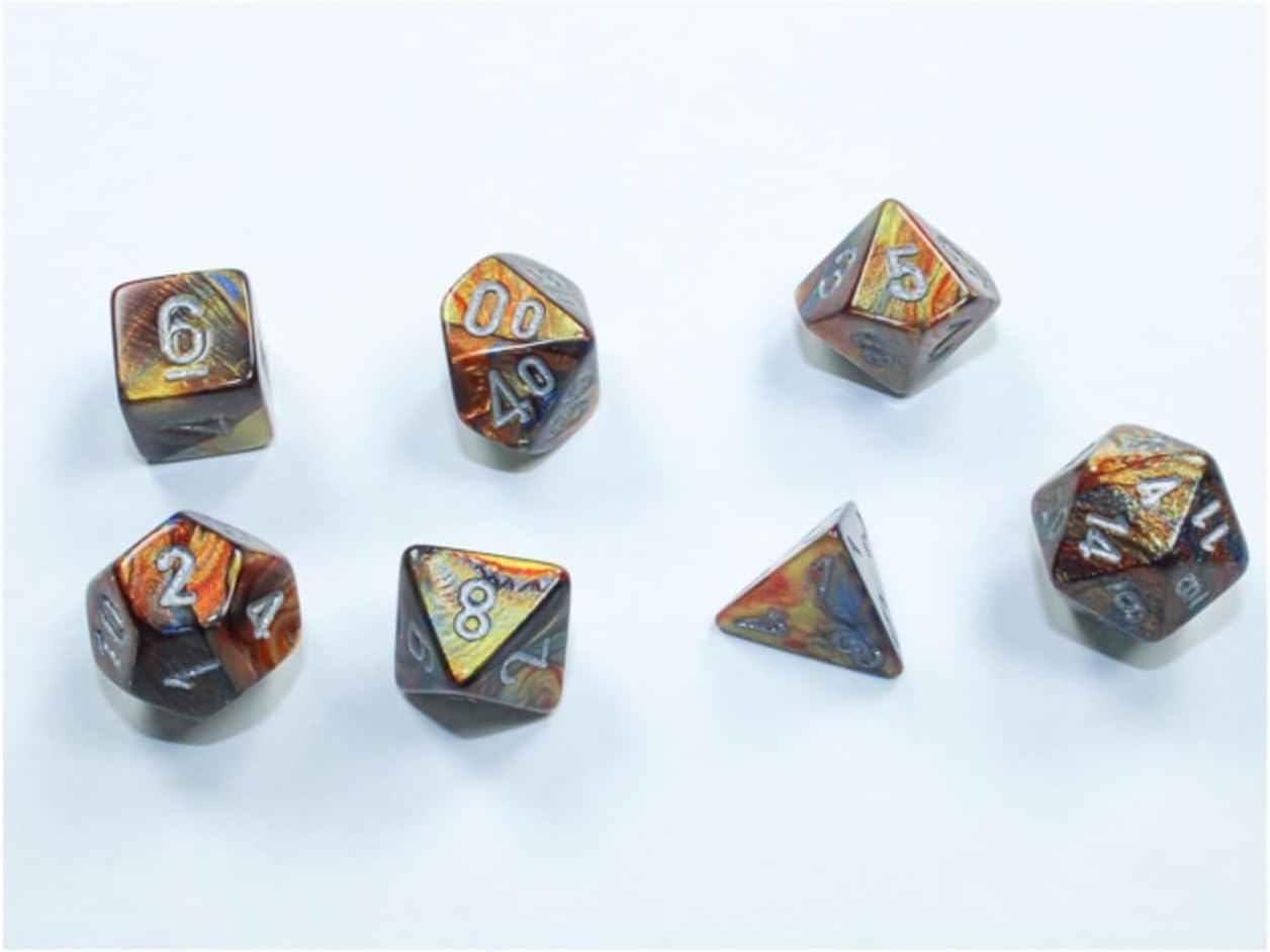 Gold Lustrous Mini Dice with Silver Numbers 10mm (3/8in) Set of 7 Chessex