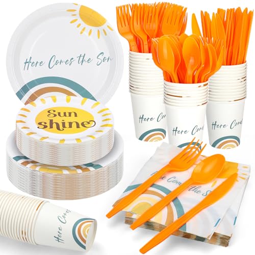 Trandraft 252 Pcs Here Comes the Son Sunshine Party Supplies Serve 36