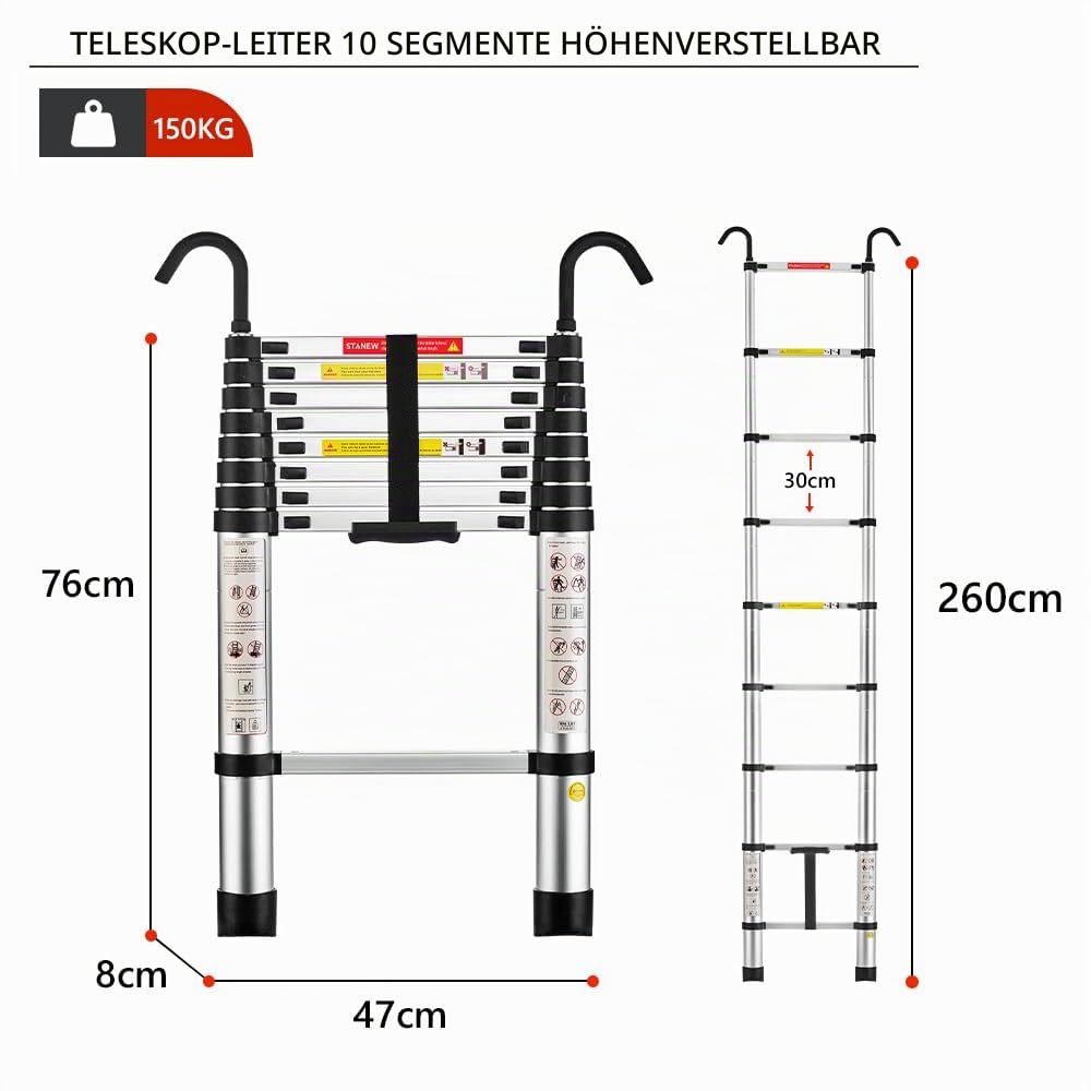 STANEW Teleskopleiter Aluminium 2,6m,Rutschfester Klappleiter Stehleiter Mehrzweckleiter, Abnehmbare Armlehne, Ausziehbare Leiter, Multifunktional Ladder, Maximale Belastbarkeit 150 kg