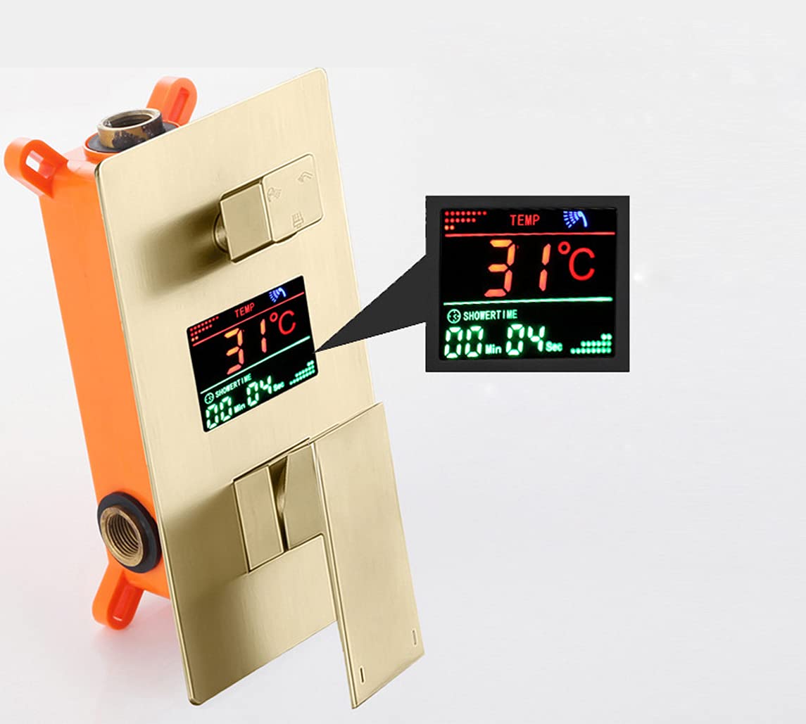 Sistema Doccia, Miscelatore Doccia a Pioggia con Display Digitale a LED Montato a soffitto, Oro Spazzolato, soffione Doccia a Pioggia Quadrato da 10-12 Pollici e rubinett