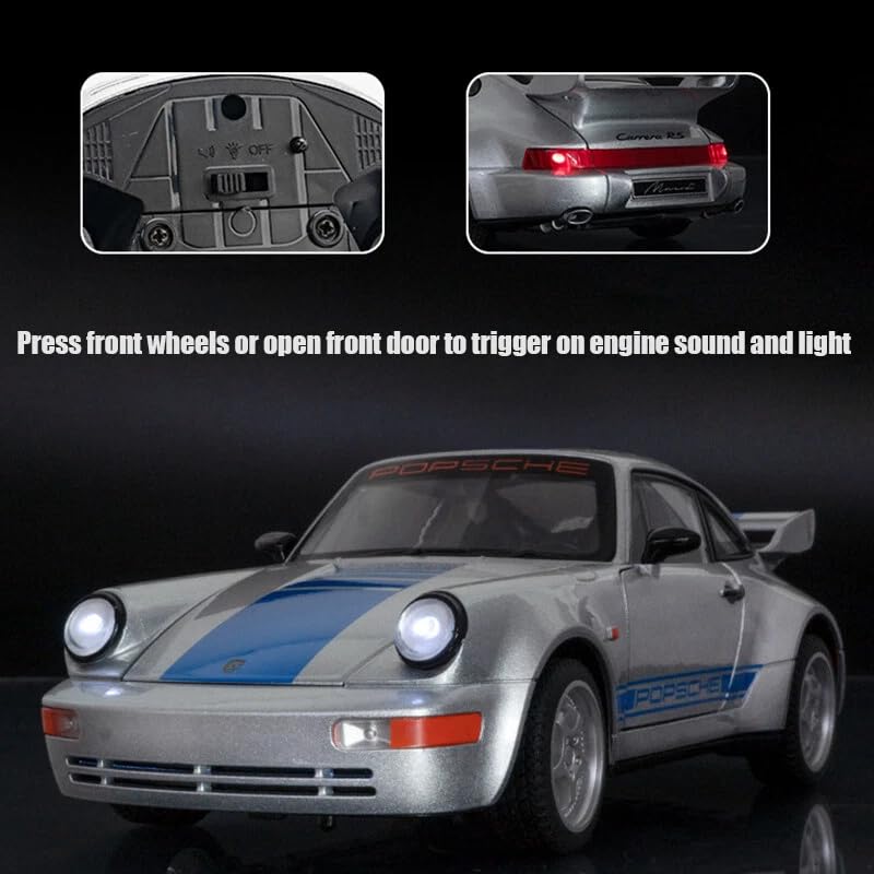 Image of 1:24 Porsche 911 964 Carrera RS Diecast Alloy Model Car - Classic Sports Pull Back Toy with Sound, Light & Openable Doors - Collectible Car for Kids & Adults