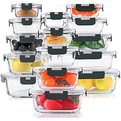 KOMUEE 30 Pieces Glass Food Storage Containers Set, Glass Meal Prep Containers Set with Snap Locking Lids, Airtight Glass lunch Containers for Microwave, Oven, Freezer & Dishwasher,Gray Cover