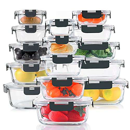 30 Pieces Glass Food Storage Containers Set, Glass Meal Prep Containers Set with Snap Locking Lids, Airtight Glass lunch Containers, BPA-Free, Microwave, Oven, Freezer & Dishwasher Friendly,Gray