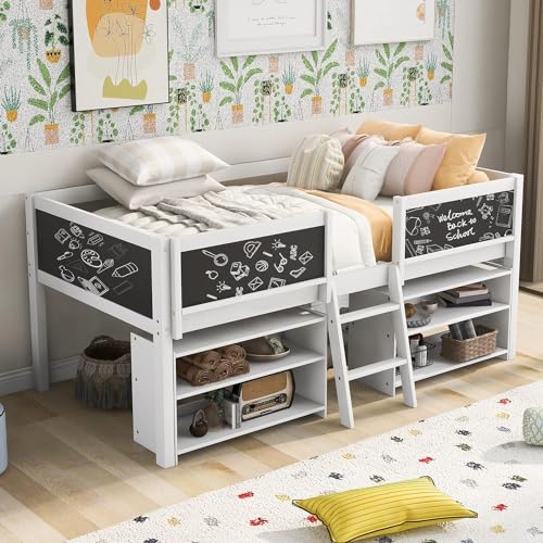 AVGVLIJ Kids Low Loft Bed with Chalkboard & Ladder, Twin Loft Bed Frame with 2 Movable Storage Shelves, Multifunctional Design for Boys & Girls, No Box Spring Required (White)
