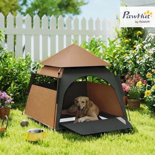 PawHut Haustierzelt, Outdoor Hundezelt, Katzenzelt mit Meshfenster, Tragetasche, Sonnendach, Tragbar Hundehütte für extra große und große Hunde, für Drinnen und Draußen, 120x120x106cm, Dunkelbraun