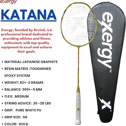 Image of Exergy Katana Badminton Racquet Full Graphite, Lightweight, 32 LBS Tension with Cover