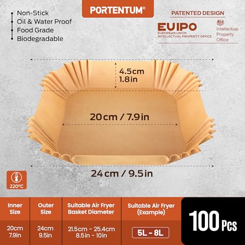 PORTENTUM Air Fryer Liners 100PCS Disposable, Unbleached and Greaseproof. Suitable from 5 to 8 liters. Food-Grade use Baking Paper BPA Free, FDA, and LFGB Certified - Image 2