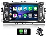 CAMECHO Android 10 Autoradio für Ford Focus Mondeo S-Max C-Max Galaxy, Wireless Carplay Android Auto Doppel Din Radio mit Navi unterstützt Lenkrad Bedienung Bluetooth Mirrorlink FM RDS - Schwarz