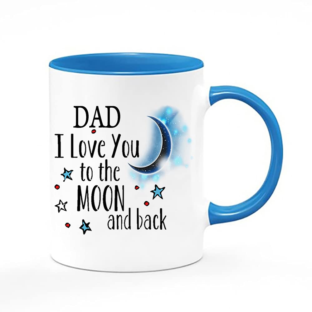 Giftme Fathers Day Themed Dad I Love You to The Moon & Back Secret Santa Birthday Coffee Tea Mug Unique Inside Coloured Ceramic Mug. (Blue Inside Coloured and Handle)