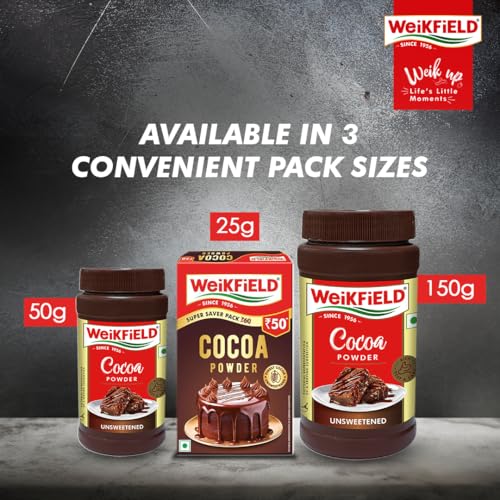 Image of Weikfield Cocoa Powder | Low Fat Rich & Decadent Pure Cocoa Powder | Unsweetened Dark Cocoa for Baking, Desserts, Healthy Smoothies, Brownies, Hot Chocolate & Cakes | Reusable Poly Jar | 150g Jar