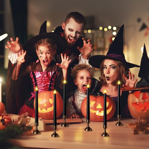 スラッテ 6セット ハロウィン フレームレス テーパーキャンドル キャンドルスティックホルダー装飾付き リモートバッテリー駆動 LED 吸血鬼 不気味 怖い 不気味なホラー ゴシック装飾 屋内用 (ブラウンホルダー) [5]