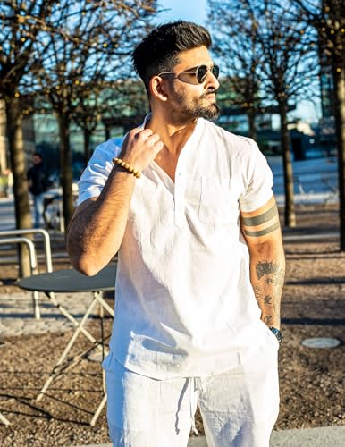 COOFANDY Men's Cotton Linen Henley Shirt Short Sleeve Hippie Casual Beach T-Shirts with Pocket3