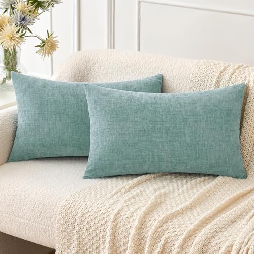 Image of MIULEE Pack of 2 Couch Throw Pillow Covers 12x20 Inch Soft Aqua Green Chenille Lumbar Pillow Covers for Sofa Living Room Spring Home Decor Couch Solid Dyed Cases