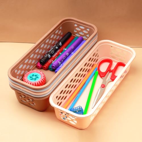 Image of Organizer Tray Office Drawer Dividers Storage Bins Multipurpose Desk for Makeup, Kitchen, Office, Bathroom, Bedroom Dreassing, Basket Rack MultiColor(23*8*5 CM) Pack Of 6 (Brown 6pcs)
